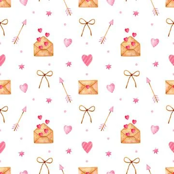Valentine's day pattern with love message envelopes, bows, arrows and hearts Stock Illustration