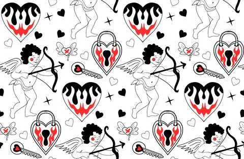 Valentine's Day pattern. Love modern print hand drawing with burning heart Illustrazione stock