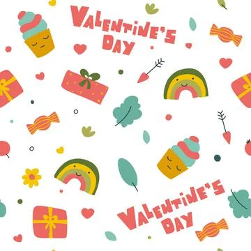 Valentine's day pattern on white background. Simple hand-drawn vector seamless Stock Illustration
