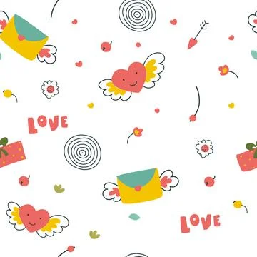 Valentine's day pattern on white background. Simple hand-drawn vector seamless Stock Illustration