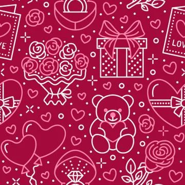 Valentines day pink seamless pattern. Love, romance flat line icons - hearts Stock Illustration