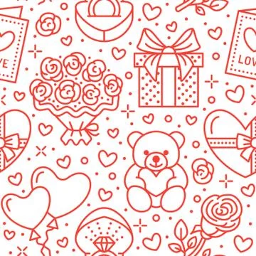 Valentines day pink seamless pattern. Love, romance flat line icons - hearts Stock Illustration