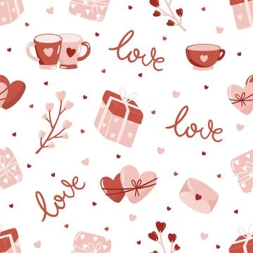 Valentines day pink seamless pattern. Love, hearts, valentine card. Stock Illustration