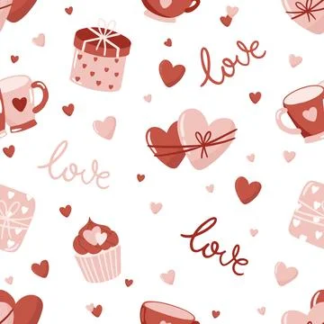 Valentines day pink seamless pattern. Love, hearts, valentine card. Stock Illustration