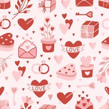 Valentines day pink seamless pattern. Love, hearts, valentine card. Stock Illustration