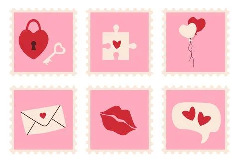 Valentines day postage stamp set with heart padlock and key, puzzle piece, .. Ilustração Stock