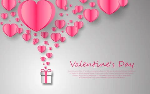 Valentine's Day postcard with flying elements and gift boxes on a sky backg.. Stock Illustration