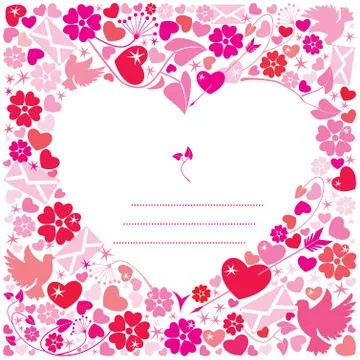 Valentine`s day postcard - white background heart is surrounded by a flowers, Stock Illustration