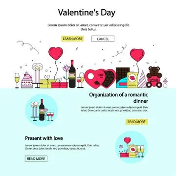 Valentines day posters and banners in flat style. Line design decoration Stock Illustration
