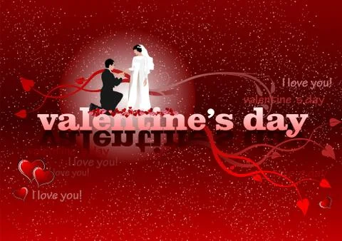 Valentine`s Day red background with bride and groom. 14 February. vector illu Stock Illustration