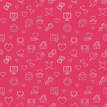 Valentines day red vector seamless pattern in thin line style Illustrazione stock