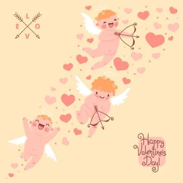 Valentines Day romantic background with cute angels. Stock Illustration