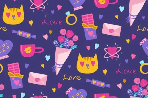 Valentines Day romantic elements seamless pattern cute abstract drawings Illustrazione stock