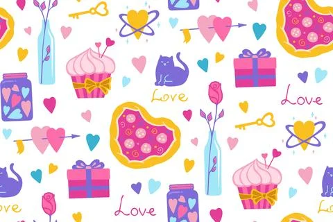 Valentines Day romantic elements seamless pattern cute abstract drawings Illustrazione stock