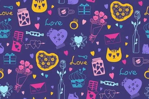 Valentines Day romantic elements seamless pattern cute abstract doodle drawings Stock Illustration