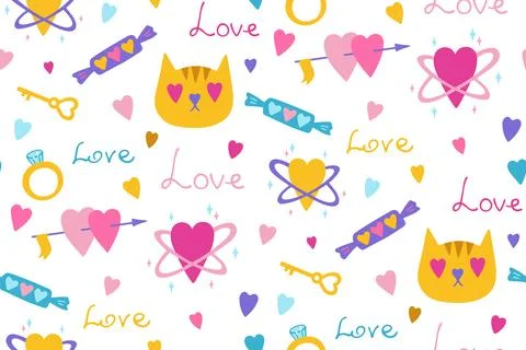 Valentines Day romantic elements seamless pattern cute abstract drawings Stock Illustration
