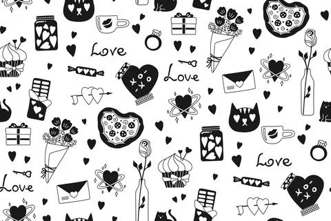 Valentines Day romantic elements seamless pattern cute abstract doodle drawings Illustrazione stock