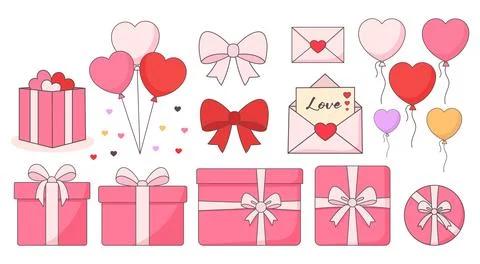 Valentine's Day Romantic Gift Elements Set with Heart Balloons, Love Letter.. Stock Illustration