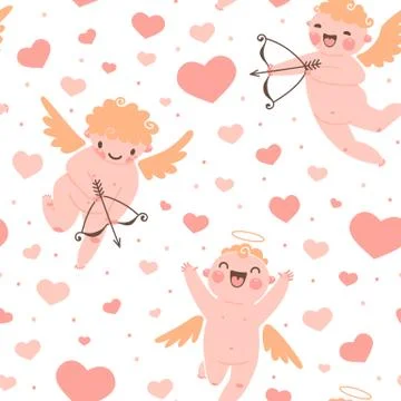 Valentines Day romantic seamless pattern with cute cupid and hearts. Stock Illustration