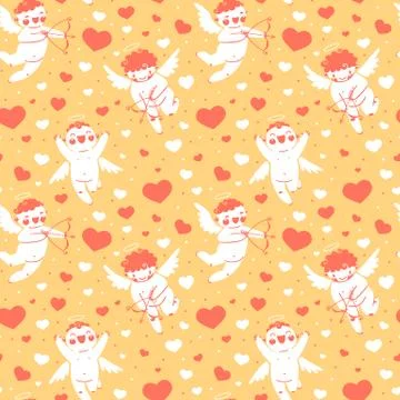 Valentines Day romantic seamless pattern with cute cupid and hearts. Stock Illustration