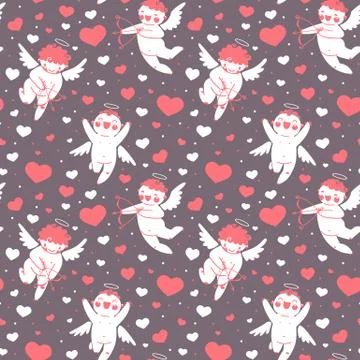 Valentines Day romantic seamless pattern with cute cupid and hearts. Stock Illustration