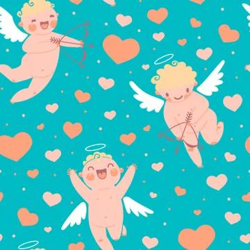 Valentines Day romantic seamless pattern with cute cupid and hearts. Stock Illustration