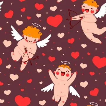 Valentines Day romantic seamless pattern with cute cupid and hearts. Illustrazione stock