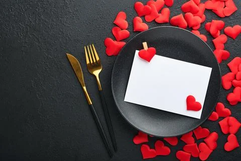Valentines day romantic table setting. Empty or closeup of a dinner black p.. Stock Photos