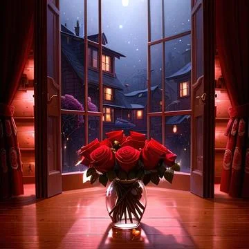 Valentine´s Day roses at the window Illustrazione stock