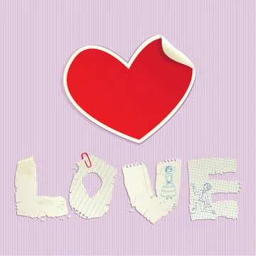Valentine`s day scrapbooking elements  paper vintage heart and word love Stock Illustration