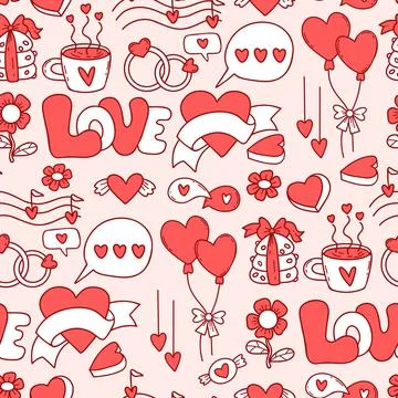 Valentines Day Seamless Doodle Pattern. Red Balloons, Wedding Rings, Love L.. Stock Illustration