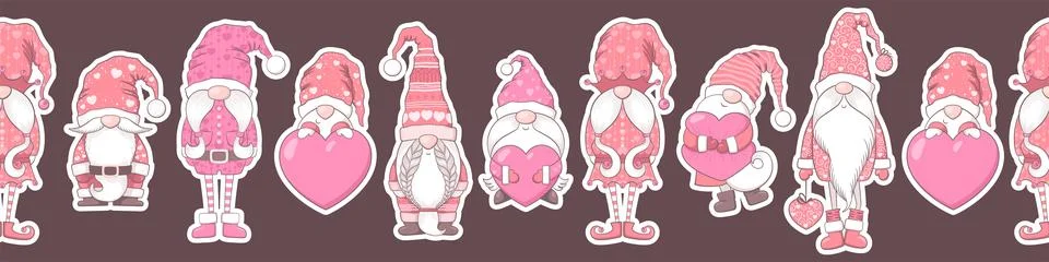 Valentines Day seamless horizontal pattern with cute hand drawn gnomes and .. Stock Illustration