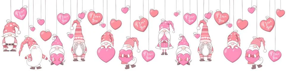 Valentines Day seamless horizontal pattern with cute hand drawn gnomes deco.. Stock Illustration
