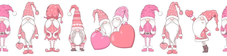 Valentines Day seamless horizontal pattern with cute hand drawn gnomes and .. Stock Illustration
