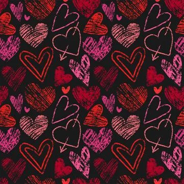 Valentine's day Seamless Pattern of Chalk Drawn Sketches Pink and Red Hearts on Stock Illustration