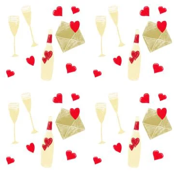Valentine's Day seamless pattern with champagine, glases, love letter, red Stock Illustration