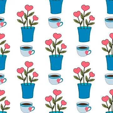 Valentine's day seamless pattern with coffee cup and hearts. Beautiful greeting Stock Illustration