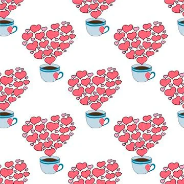 Valentine's day seamless pattern with coffee cup and hearts. Beautiful greeting Stock Illustration