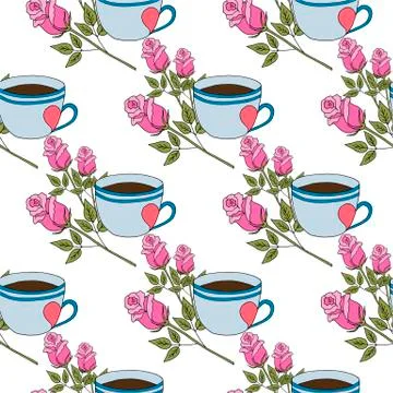 Valentine's day seamless pattern with coffee cup and hearts. Beautiful greeting Stock Illustration