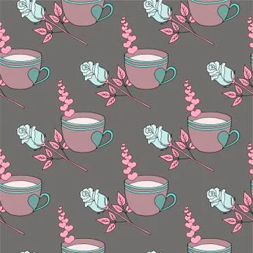 Valentine's day seamless pattern with coffee cup and hearts. Beautiful greeting Stock Illustration
