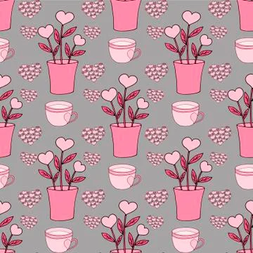 Valentine's day seamless pattern with coffee cup and hearts. Beautiful greeting Stock Illustration