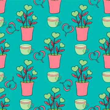 Valentine's day seamless pattern with coffee cup and hearts. Beautiful greeting Stock Illustration