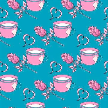 Valentine's day seamless pattern with coffee cup and hearts. Beautiful greeting Stock Illustration