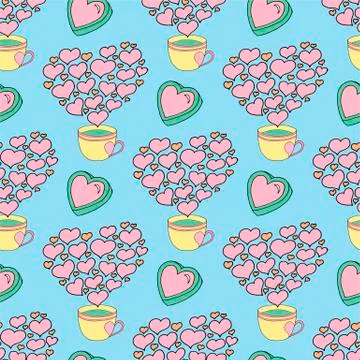 Valentine's day seamless pattern with coffee cup and hearts. Beautiful greeting Stock Illustration