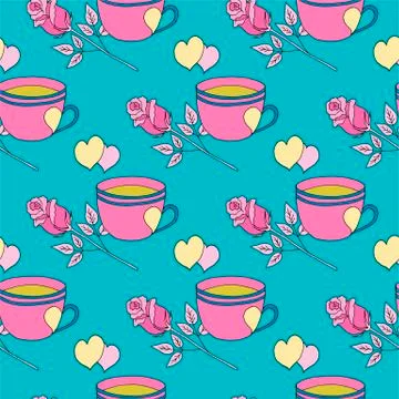 Valentine's day seamless pattern with coffee cup and hearts. Beautiful greeting Stock Illustration