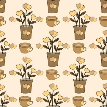 Valentine's day seamless pattern with coffee cup and hearts. Beautiful greeting Stock Illustration