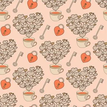 Valentine's day seamless pattern with coffee cup and hearts. Beautiful greeting Stock Illustration