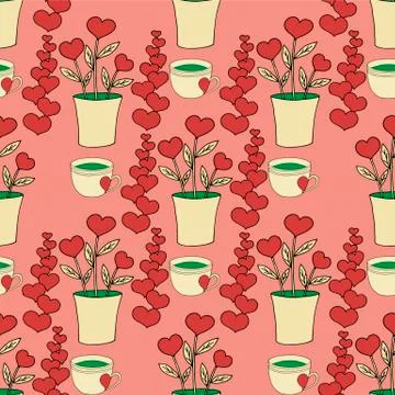Valentines day seamless pattern with coffee cup and hearts. Beautiful greeting Stock Illustration