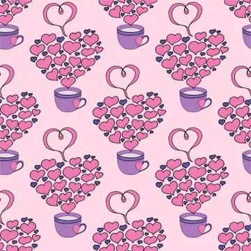 Valentines day seamless pattern with coffee cup and hearts. Beautiful greeting Stock Illustration