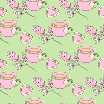 Valentines day seamless pattern with coffee cup and hearts. Beautiful greeting Stock Illustration
